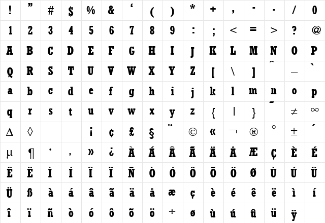 RambaultCond Bold  glyph index