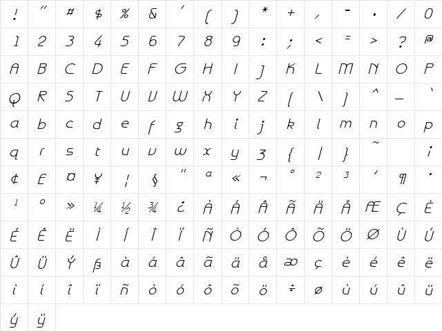 Galexica Italic  glyph index