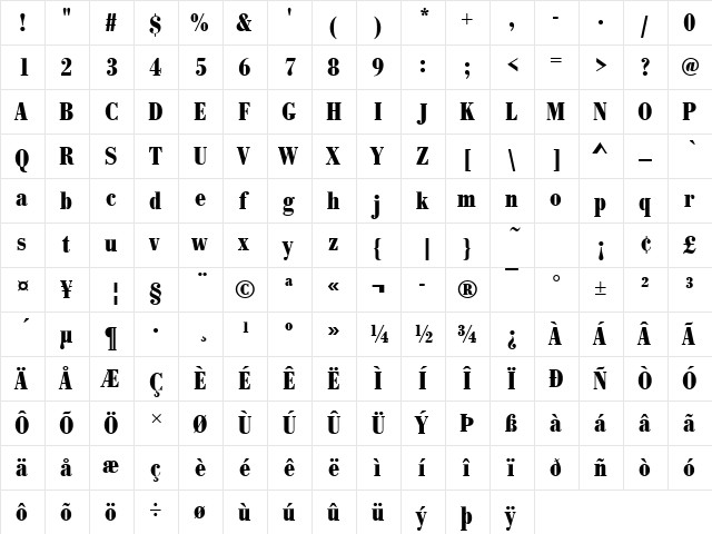 BodoniAntTCon Bold  glyph index