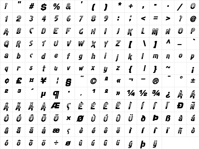HalfBakedSSK BoldItalic  glyph index