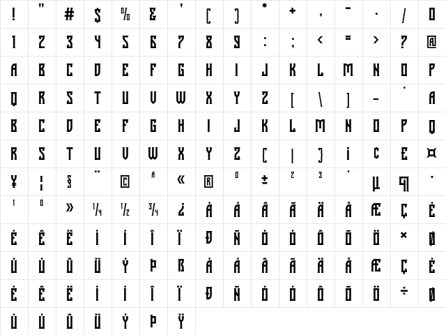 Victoire Regular  glyph index
