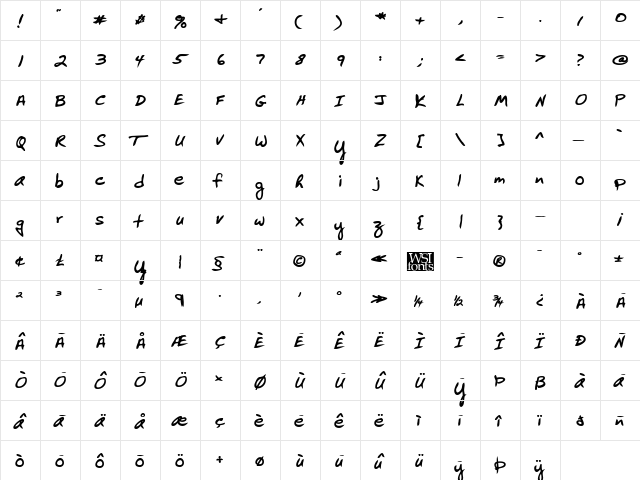 CormicksHand Bold  glyph index