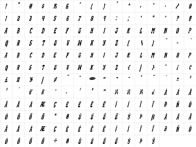 Black Gunk Italic Italic  glyph index
