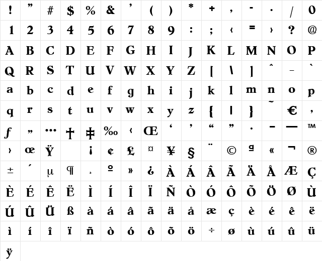 Hoboken-Bold Regular  glyph index