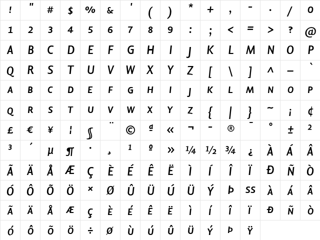 Lisboa SC Bold Italic  glyph index