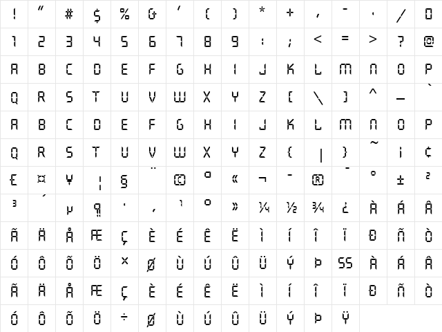 Quartz Bold D Regular  glyph index