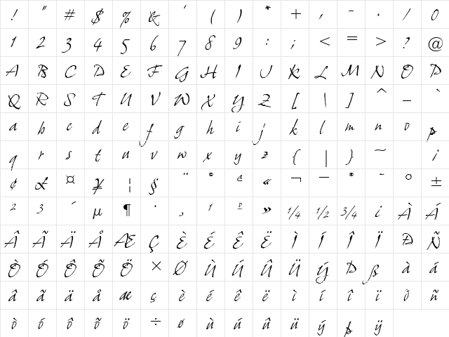 Grimshaw Hand ITC TT Regular  glyph index