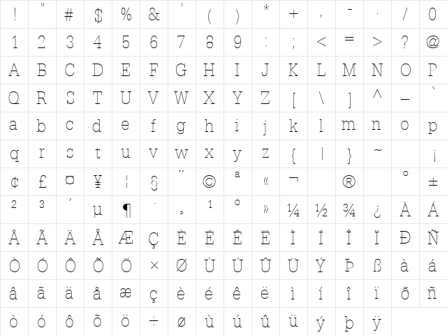 InstallationLightSSK Regular  glyph index