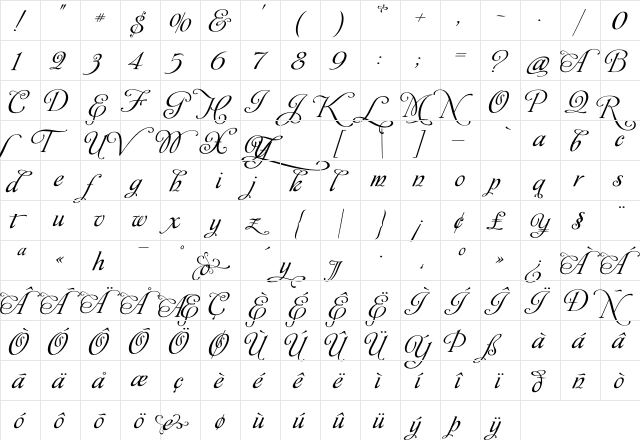 Affair Regular  glyph index