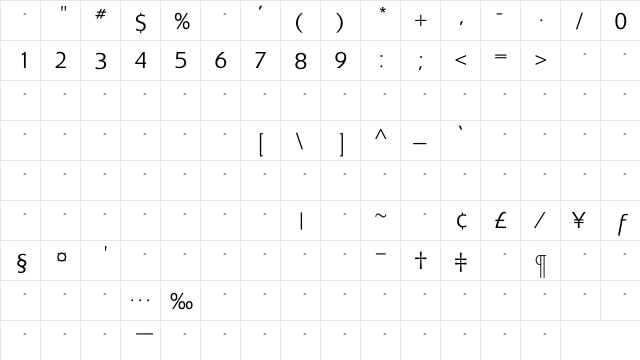 ExtensionLightTab Regular  glyph index