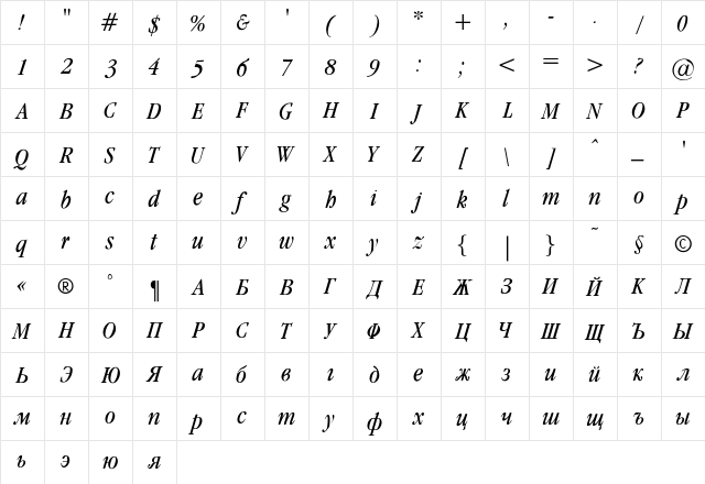 Garamond_Condenced-Normal-It Regular  glyph index