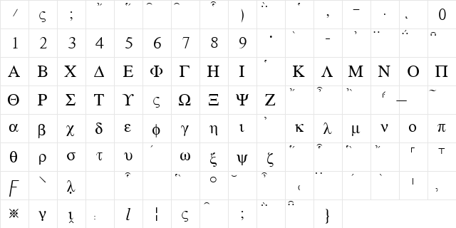 e-greek Regular  glyph index