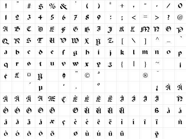 Percival Regular  glyph index