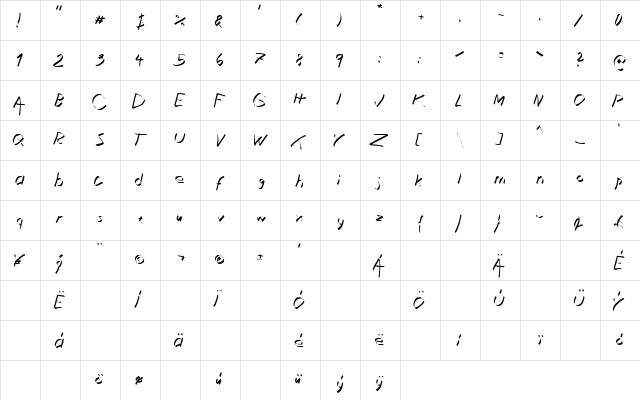 Xaligraphy ThinItalic  glyph index