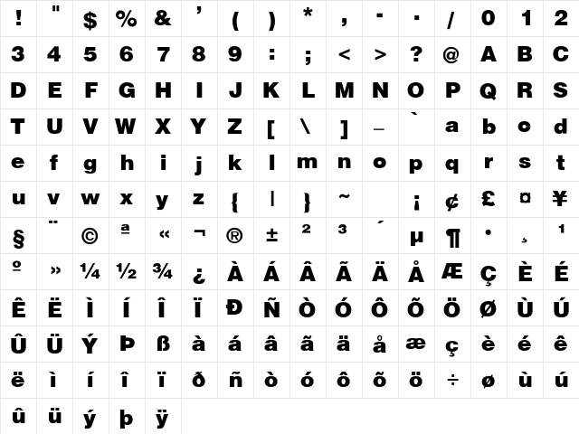 Helvetica-Black Regular  glyph index