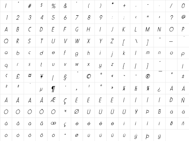 Metro-Condensed Bold Italic  glyph index