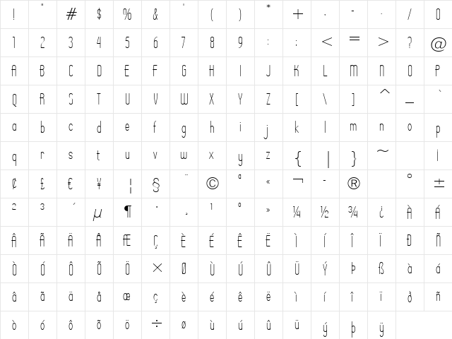 Operator Nine BTN Lt Regular  glyph index