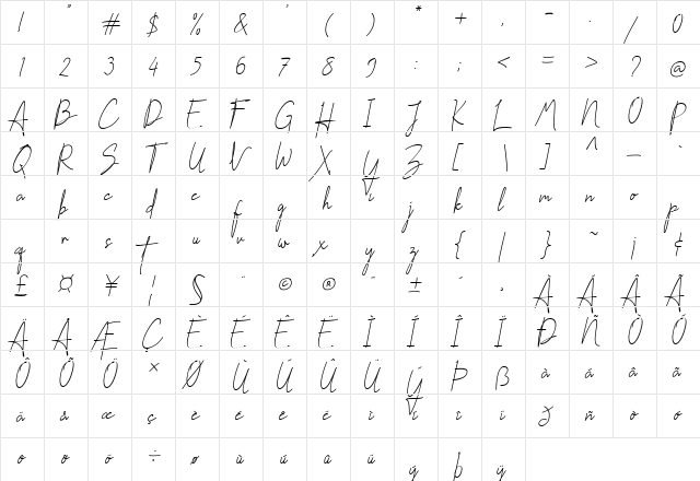 Handikraf Regular  glyph index