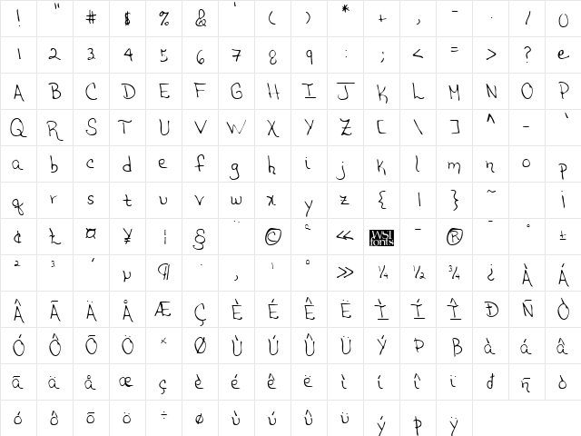NatsHand Regular  glyph index