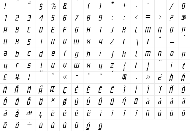 Kanal Light Italic  glyph index