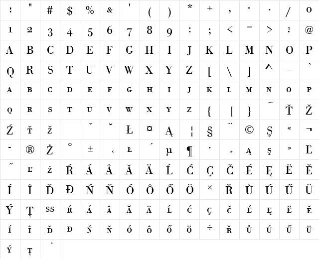 BodoniAntSCTEEReg Regular  glyph index