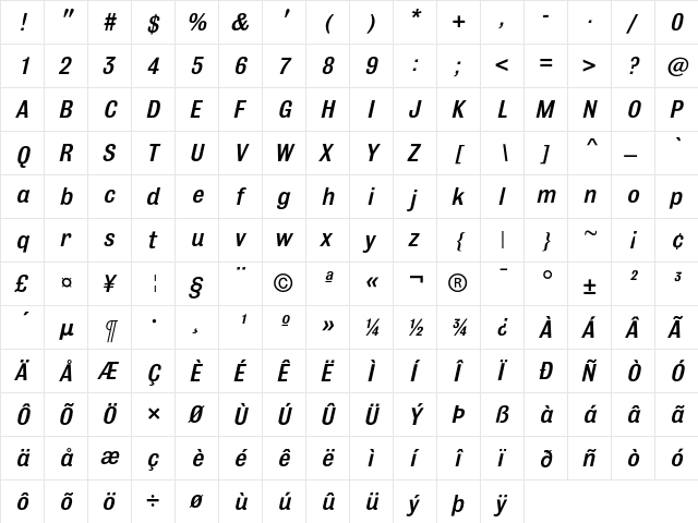 Bulldog MediumItalic  glyph index