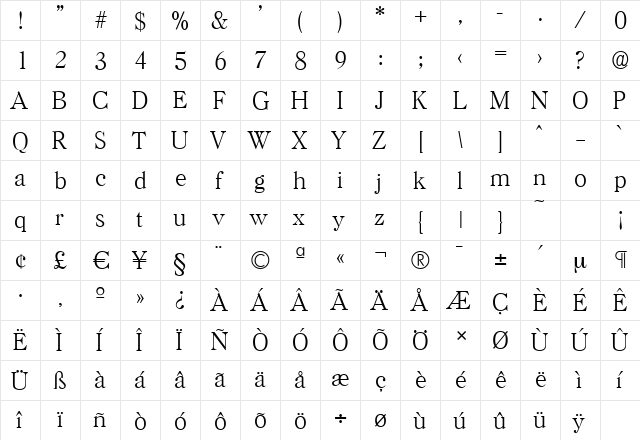 HorshamSerial-Xlight Regular  glyph index