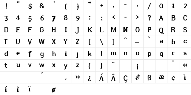 Arsle Gothic Regular  glyph index