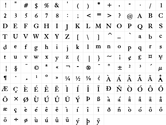 Bliss Bold  glyph index