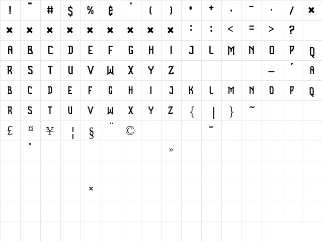 Benza Regular  glyph index