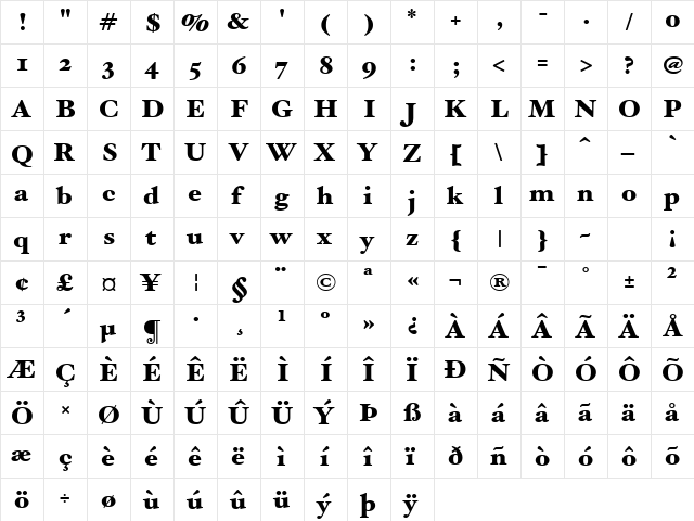 Hoefler Text Black  glyph index