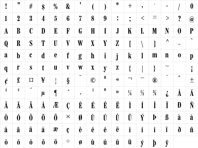 WorldwideBoldCondensed Regular  glyph index