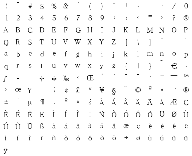 Horsham-Xlight Regular  glyph index