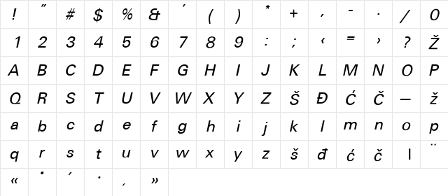 Universans550_PP Regular  glyph index