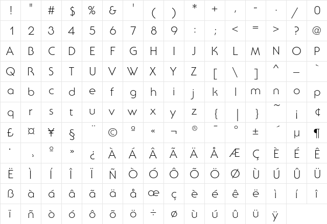 SerifGothicEF-Light Regular  glyph index