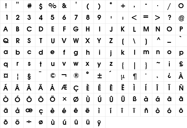 Avant Garde BQ Regular  glyph index