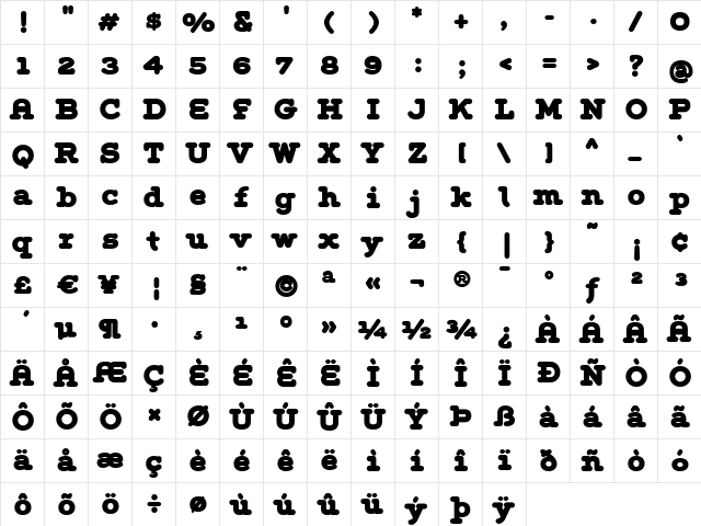 Grover Slab Heavy Regular  glyph index