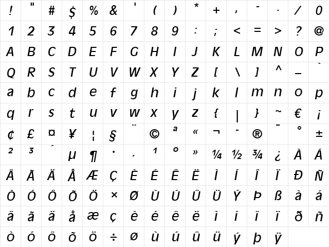 AntiqueOlive LT Roman Italic  glyph index