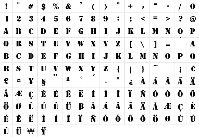 Stamp Regular  glyph index
