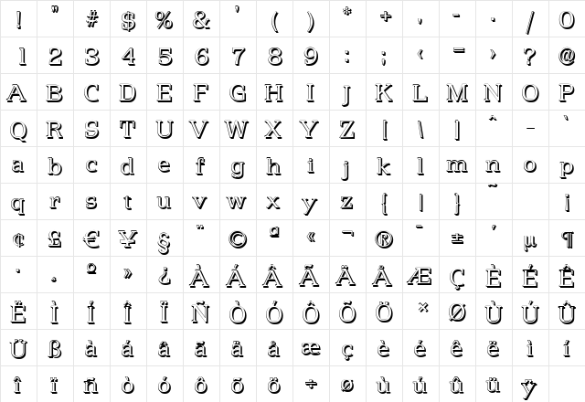 PenthouseShadow-Light Regular  glyph index