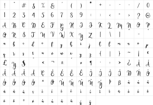 valentine Regular  glyph index