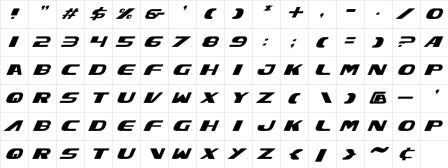Xcelsion Italic Italic  glyph index
