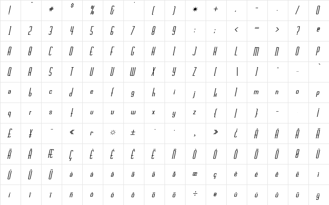 Chasline BoldOblique  glyph index