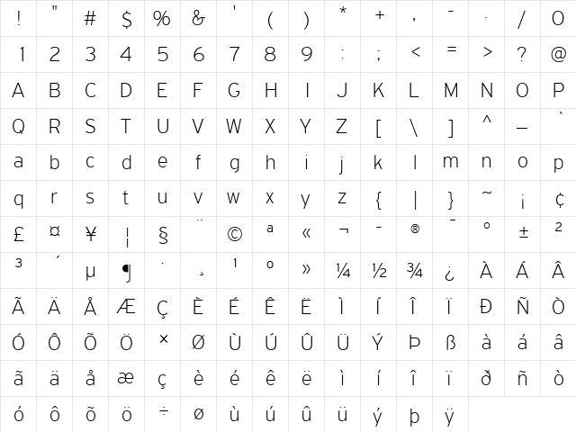PF Highway Sans Pro Thin  glyph index