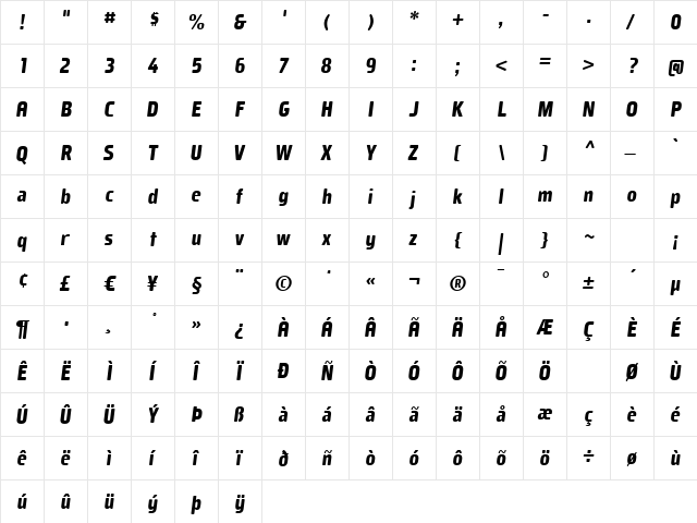 Mustardo Oblique  glyph index