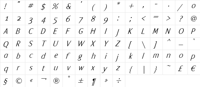 ArtemiusSans SN Light Italic  glyph index