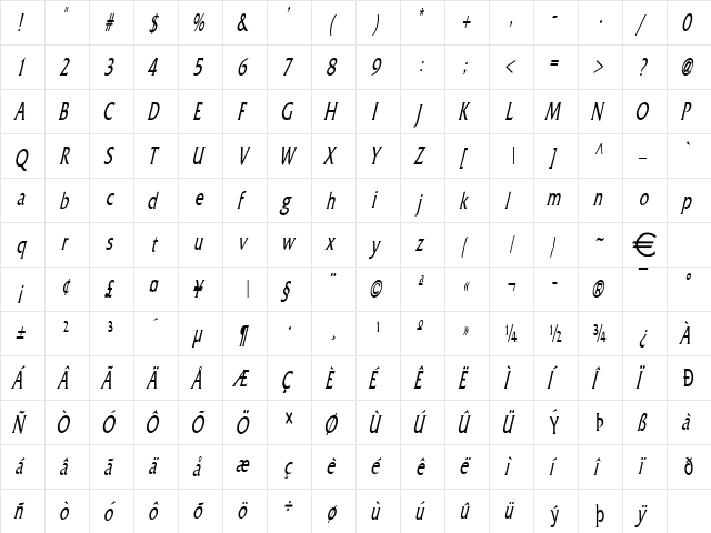 FrancoThin Italic  glyph index