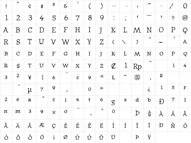 JournalTextSmallcaps Regular  glyph index
