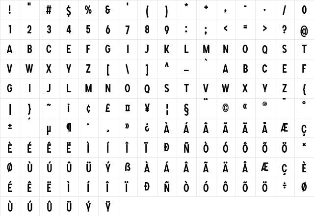 SONGER Condensed Medium  glyph index
