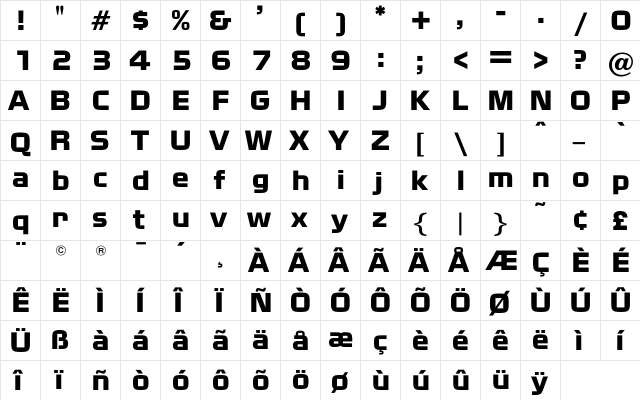 NissanOpti Regular  glyph index